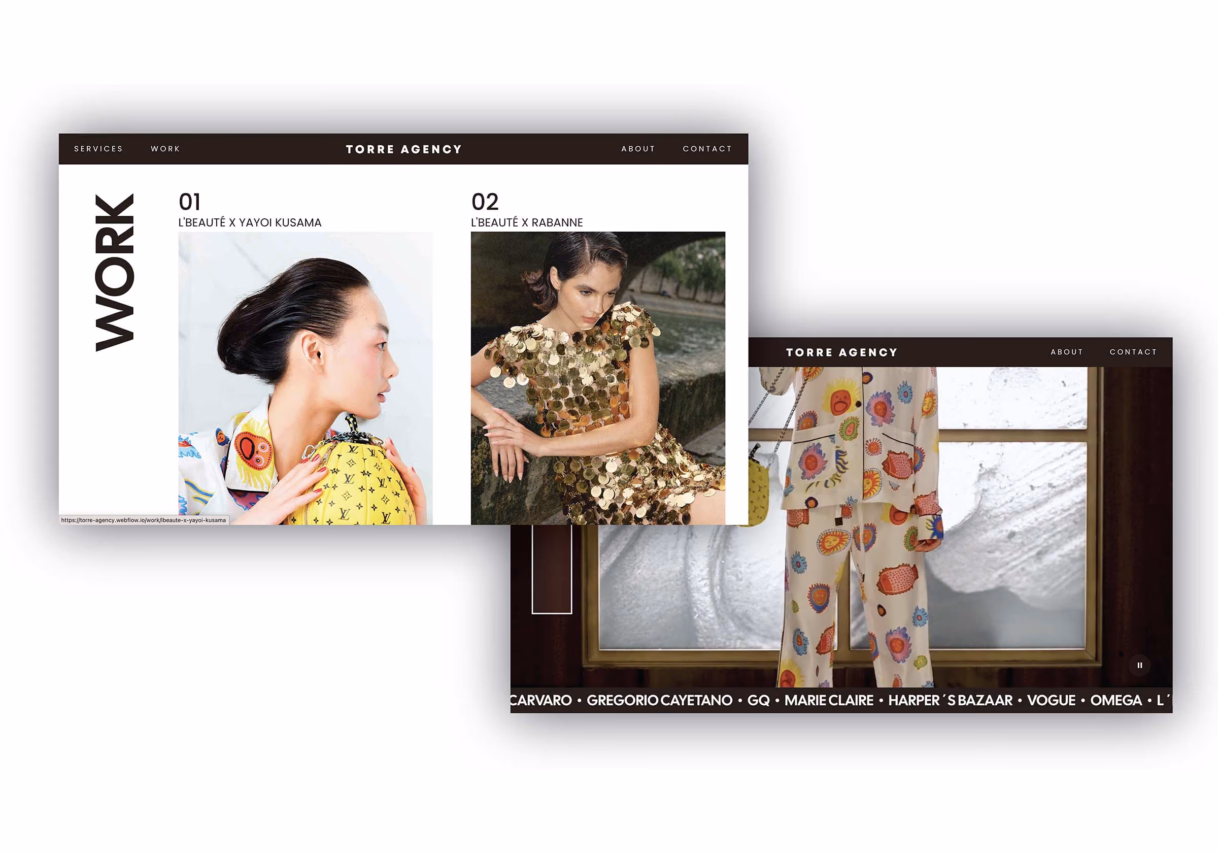 Torre Agency website with fashion photography on a white background.