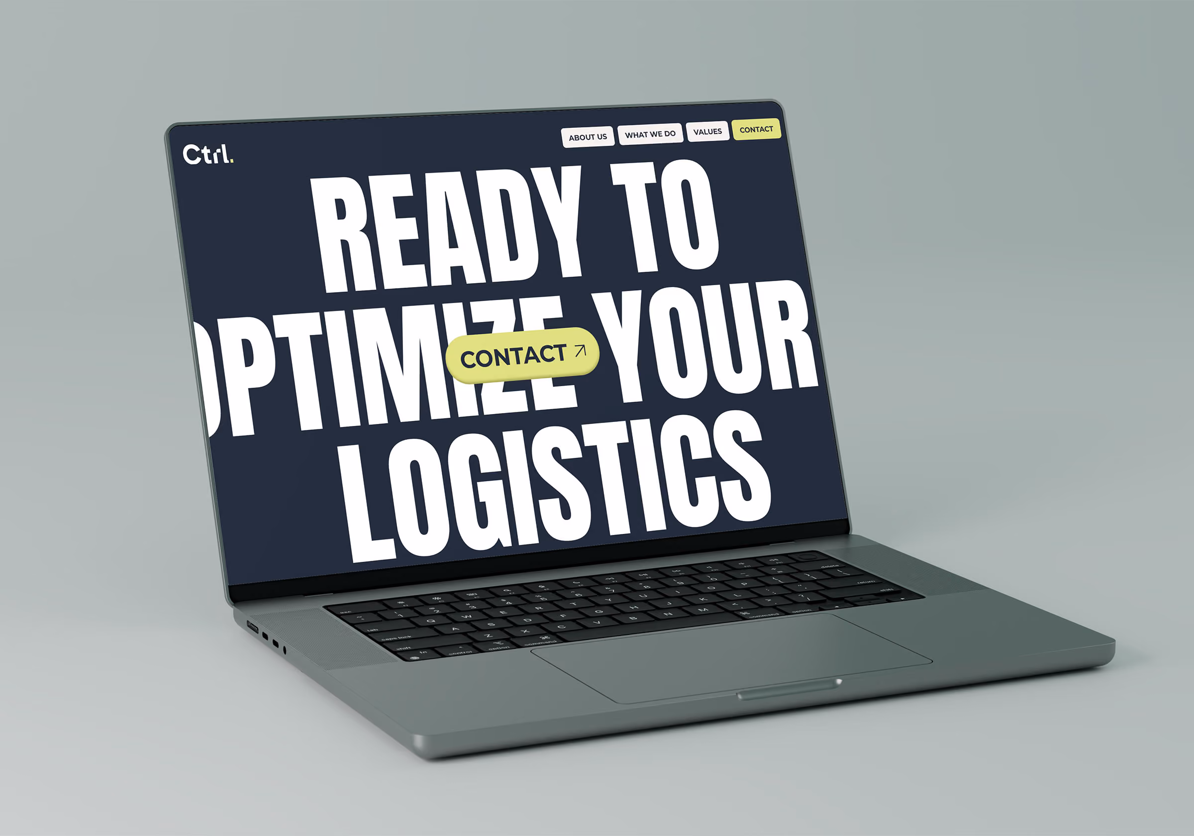Laptop showing a logistics website with a contact button.