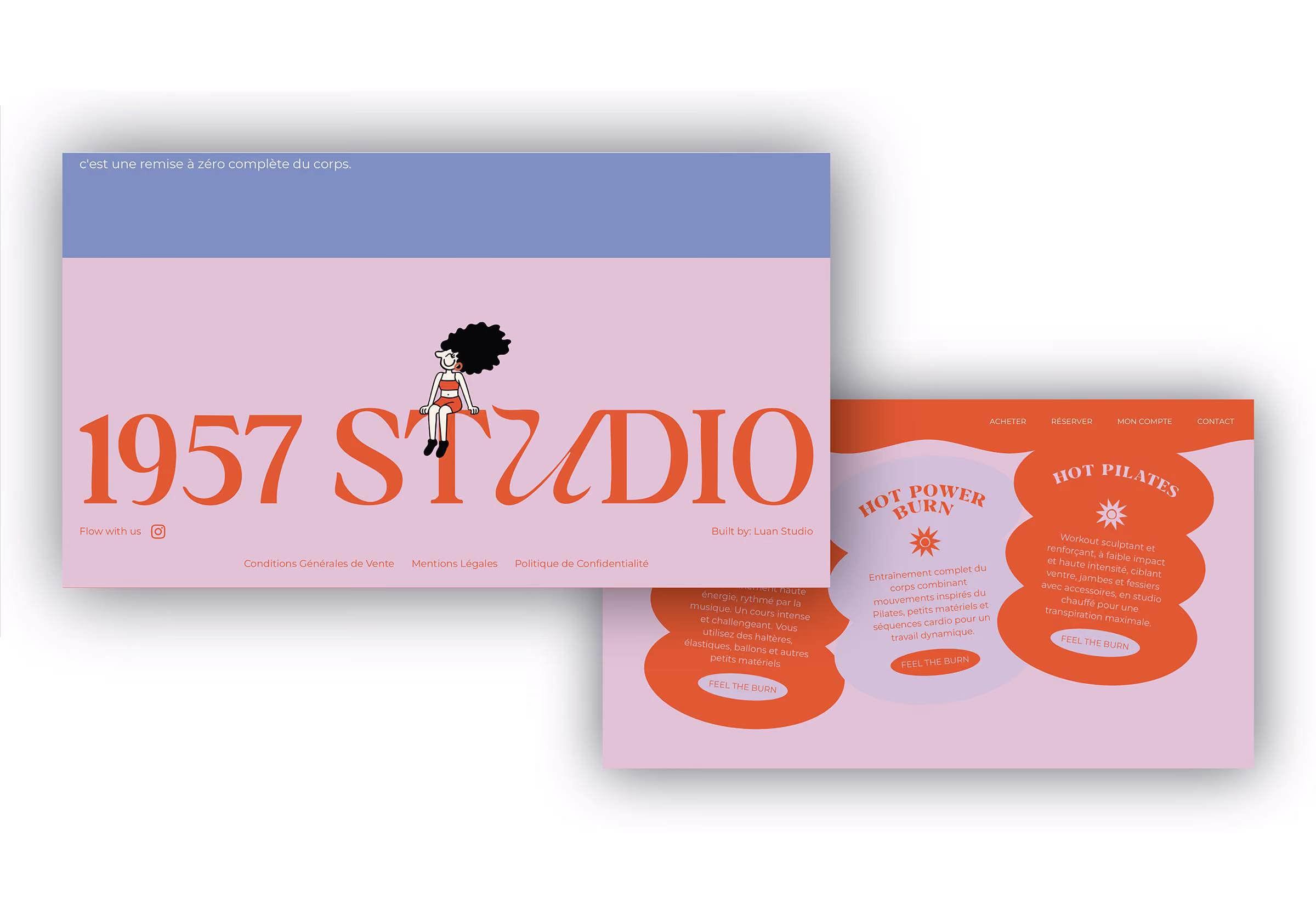 1957 Studio website with an illustrated seated woman and pink and blue Pilates sections.